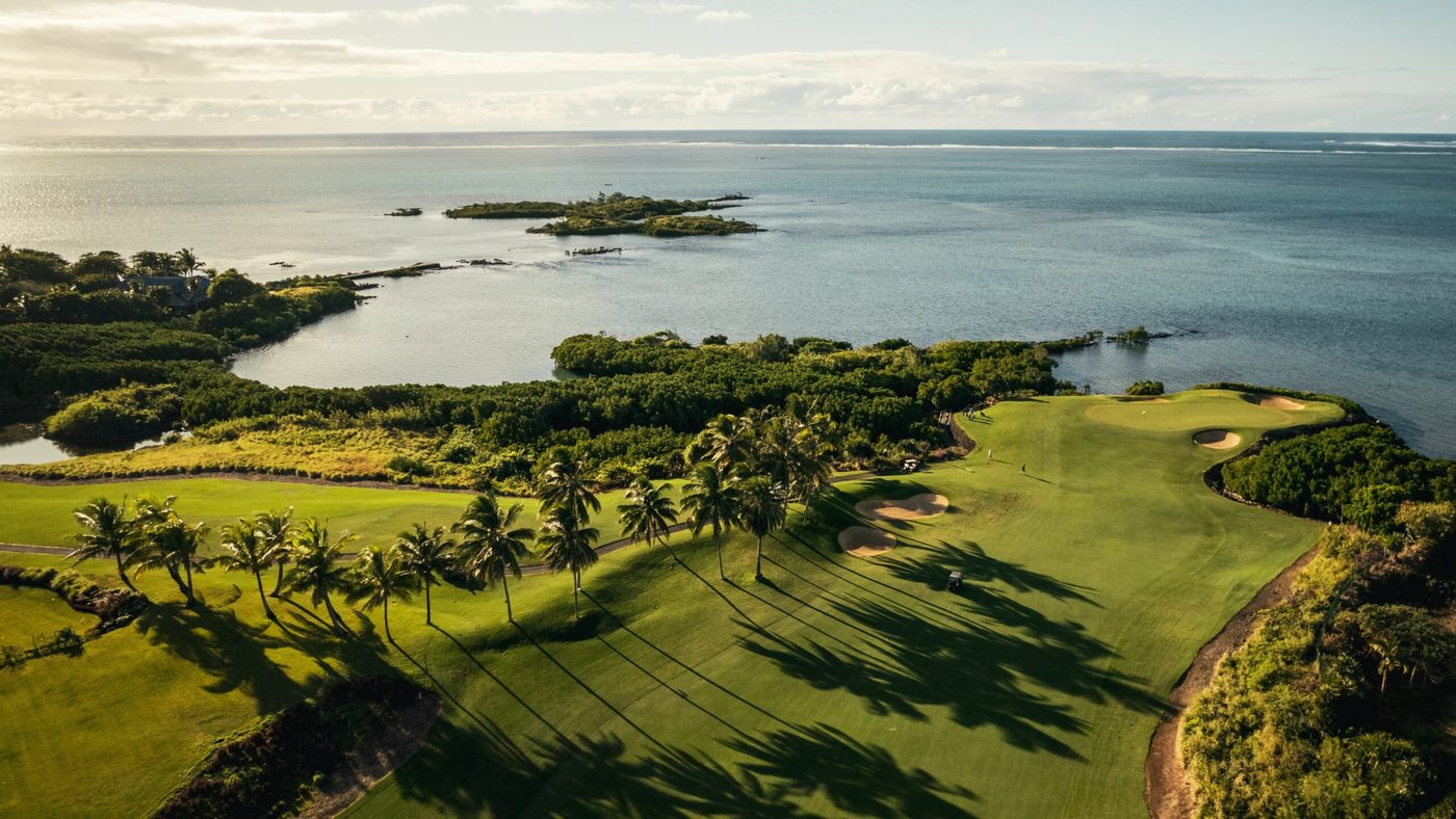 Aerial view of hole 4 at Anahita, running down to the Indian Ocean