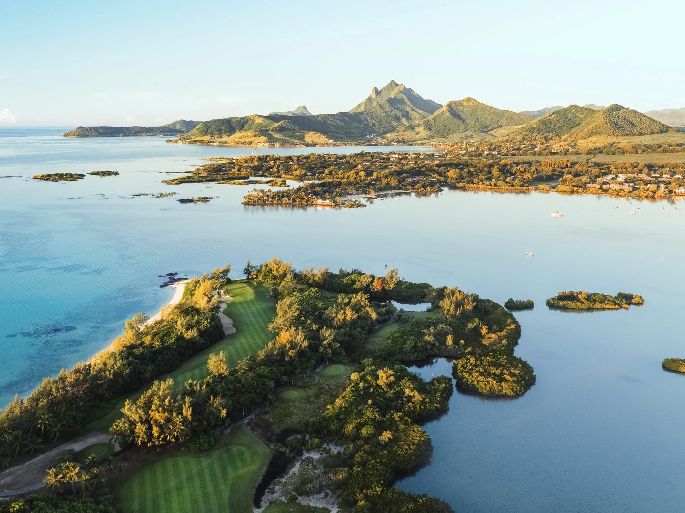 Aerial view of the Île aux Cerfs golf course on its island in the lagoon